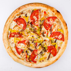 Isolated jalapeno pizza with tomato on the white background