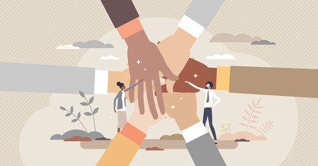 Community people holding hands together as social unity tiny person concept - obrazy, fototapety, plakaty