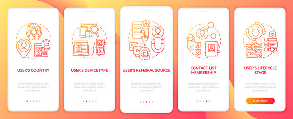 Smart rules criteria red onboarding mobile app page screen with concept. User information and data walkthrough 5 steps graphic instructions. UI, UX, GUI vector template with linear color illustrations