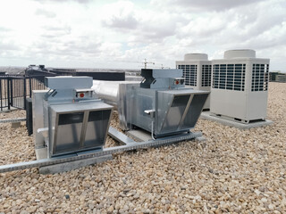 View of air ventilation ducts, extraction and insufflation, HVAC system, and exterior AC units on...