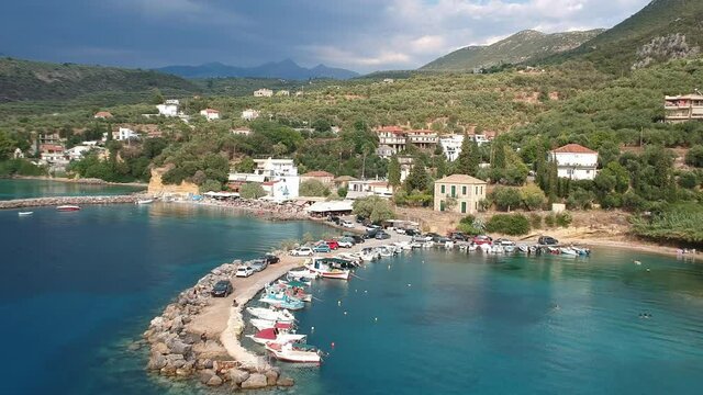 Aerial panoramic view of the beautiful coastal village Kitries near Kalamata city, Messenia