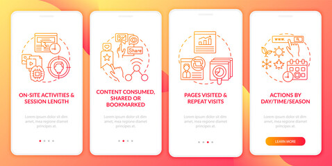 User behaviour analytics red onboarding mobile app page screen with concepts. On site activities walkthrough 5 steps graphic instructions. UI, UX, GUI vector template with linear color illustrations