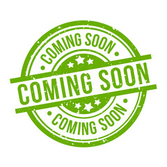 coming soon round green grunge stamp badge on white background