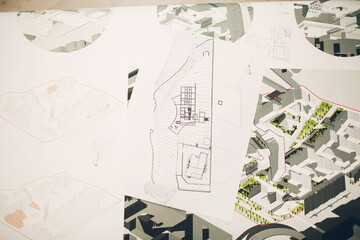 Drawings blueprints and layout design project at office table