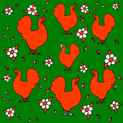 chicken, kvochka, klusha, hen, on a beige,light green, red, yellow background. Digital illustration is designed for printing on any type of textile:dress, tunic, pajamas, bed linen, apron for a daught