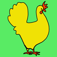 chicken, kvochka, klusha, hen, on a beige,light green, red, yellow background. Digital illustration is designed for printing on any type of textile:dress, tunic, pajamas, bed linen, apron for a daught