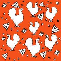 chicken, kvochka, klusha, hen, on a beige,light green, red, yellow background. Digital illustration is designed for printing on any type of textile:dress, tunic, pajamas, bed linen, apron for a daught