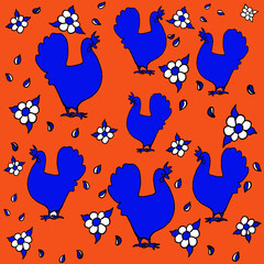 chicken, kvochka, klusha, hen, on a beige,light green, red, yellow background. Digital illustration is designed for printing on any type of textile:dress, tunic, pajamas, bed linen, apron for a 