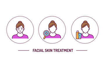 Facial skin treatment line color icons concept. Girl and cosmetic products vector elements. Skin care. Outline pictograms for web page, mobile app, promo