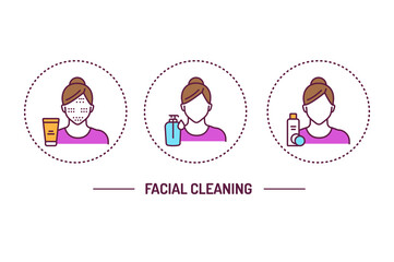 Facial cleaning line color icons concept. Girl and cosmetic products vector elements. Skin care. Outline pictograms for web page, mobile app, promo.