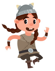 Running viking child. Cute female character in cartoon style.