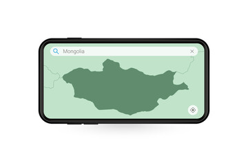 Searching map of Mongolia in Smartphone map application. Map of Mongolia in Cell Phone.