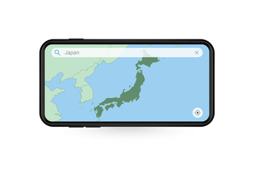 Searching map of Japan in Smartphone map application. Map of Japan in Cell Phone.