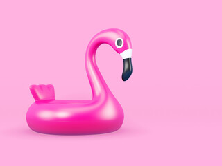 Inflatable pink flamingo on pink background. 3D rendering.