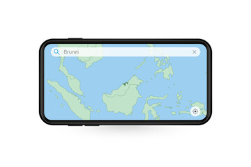Searching map of Brunei in Smartphone map application. Map of Brunei in Cell Phone.