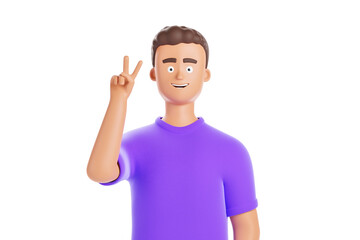 Happy cartoon character man in purple t-shirt show victory sign with hand isolated over white background.