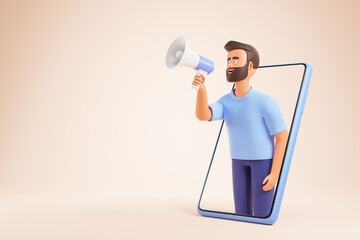 Cartoon beard character man holding loudspeaker and making announcement from smartphone over yellow background.