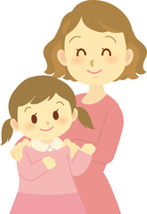 イラスト素材：女の子の肩に手を置く笑顔のお母さん　ニッコリ表情　
