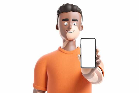 Cartoon african american man with vitiligo skin show smartphone with white blank mock up screen isolated over white background.