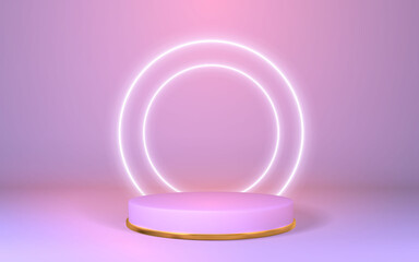 3d pink pedestal. Podium display on empty room. Stage for product on cylinder podium. Minimal style. Vector illustration