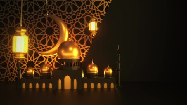 Mosque and candle lanterns with moon are hanging and swing on dark background with islamic ornament. Ramadan kareem template. Loopable 3d render