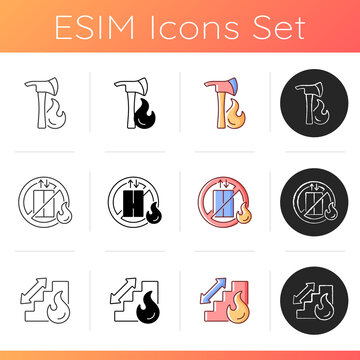 Firefighting icons set. Pulaski axe. Do not use elevater during fire emergency. Stairway for urgent evacuation. Arrow to exit. Linear, black and RGB color styles. Isolated vector illustrations