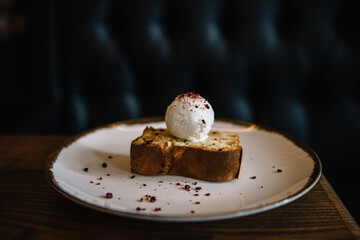 Charlotte apple pie with ice cream bowl. 