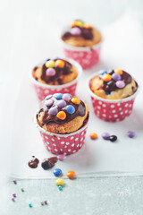 Muffins on bright wooden background. Close up.	