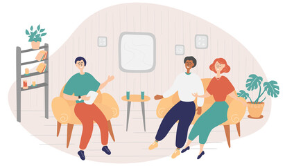 Male host asks famous celebrity couple on TV show. Popular internet stars give interview to television presenter in broadcast studio. Online interview channel concept. Cartoon vector illustration