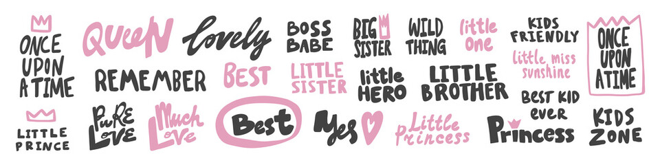 Vector hand drawn collection set of calligraphy lettering quotes and words. Pink and black color