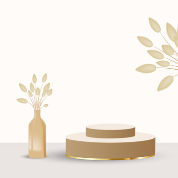 Podium and table lamp for product presentation in warm beige color, dried pampas grass and dried lagurus. Boho style decoration on the background of an empty wall. Vector illustration