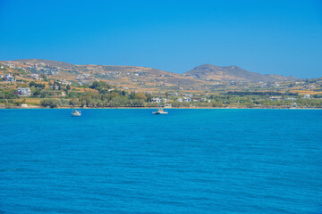 Greece Paros island landmark in cyclades, Ship entering paros island in Cyclades at summer