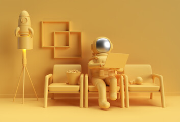 3D Render Astronaut in spacesuit working on laptop, 3D illustration Design.