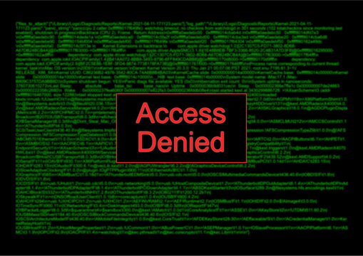 Black computer screen with green text. Red text box access denied in the middle. Illustration made April 13th, 2021, Zurich, Switzerland.