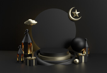 3D Render Eid Mubarak celebration with Scene of Minimal Podium Scene for Display Products Advertising Design.