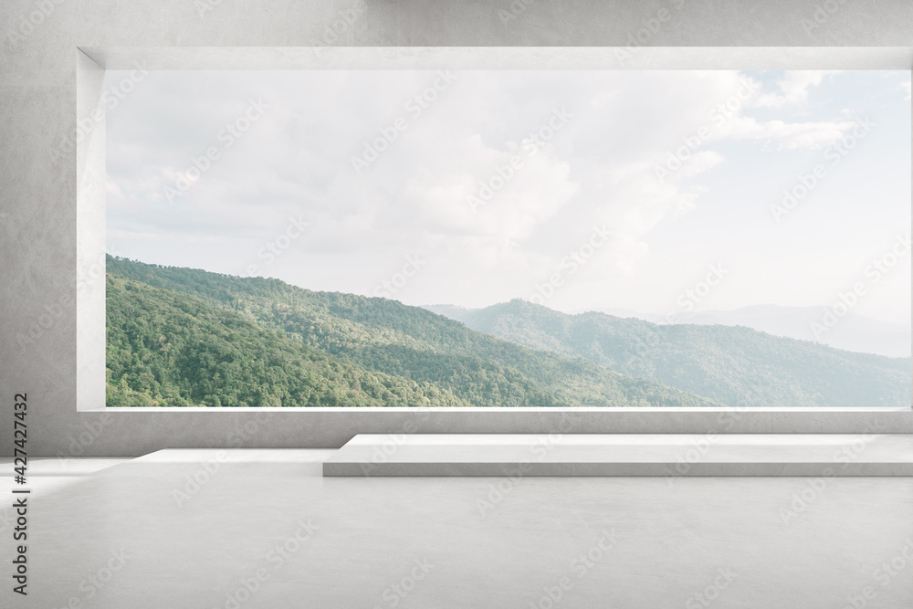 Leinwandbilder 3d render of empty concrete room with large window on nature background, Empty space for product presentation.