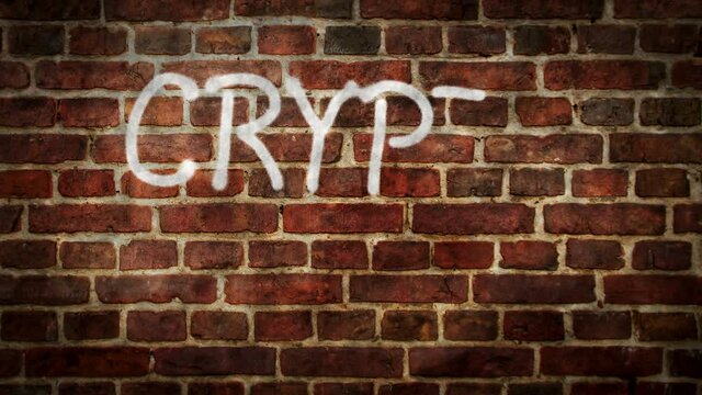 NFT Crypto Art spray painted on the brick wall. Graffiti art concept collectibles token and blockchain technology. Airbrush hand paint. City abstract artwork.