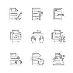Writing SEO text linear icons set. Urgent copywriting services. Freelance project, SEO work. Customizable thin line contour symbols. Isolated vector outline illustrations. Editable stroke