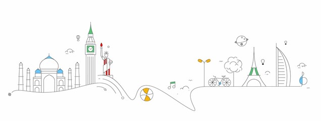 Travel the world monument concept - Vector Flat Line Art Design.