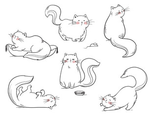 set of cats playing around vector line illustration