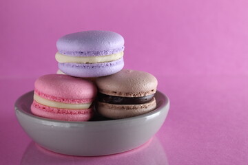 Macaroons three multicolored on a gray saucer plate stands on a pink background with a place for text and copyspace