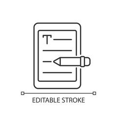 E book writing linear icon. Editor work. Copywriting services. Professional journalist. Thin line customizable illustration. Contour symbol. Vector isolated outline drawing. Editable stroke