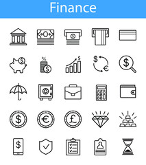 set of vector linear icons of finance and money isolated black on white background