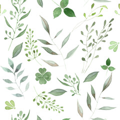 Hand painted Watercolor Seamless Botanical Pattern on white background. Green Illustration for design
