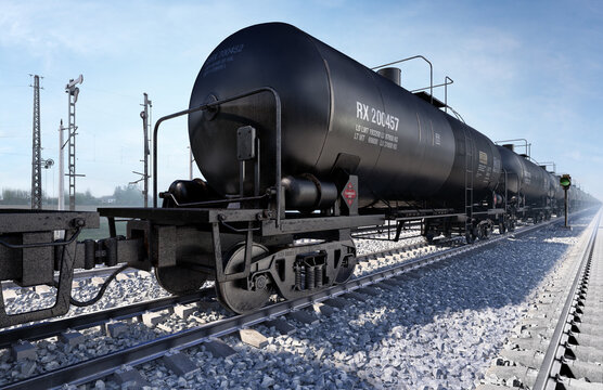 Railroad petroleum tank car on track. Freight train liquid transport wagons with crude oil, gas, petrol, diesel fuel tankers on the rails. Cargo railway logistics, shipping industry, transportation 3d