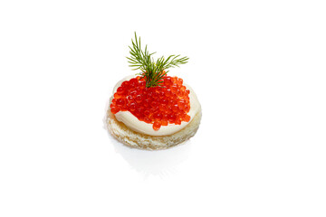 Red caviar on a white background. Isolate. Healthy food concept.