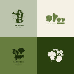 Farm logo collection. Silhouette linocut graphic. Minimalist style. Healthy food design.