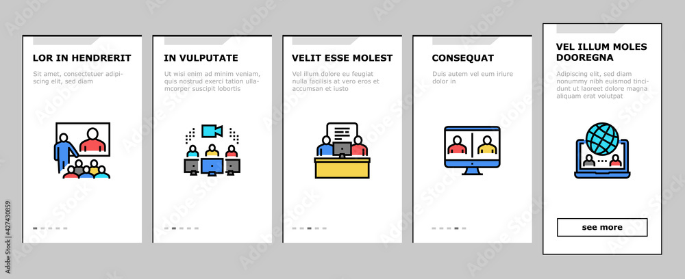 Poster online video meeting onboarding mobile app page screen vector. meeting and conference, presentation 
