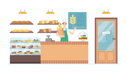 Cartoon Color Character People Man and Bakery Interior Concept. Vector