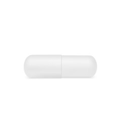 Realistic white pill. Realistic treatment tablet. Vitamins capsule on white background. Vector